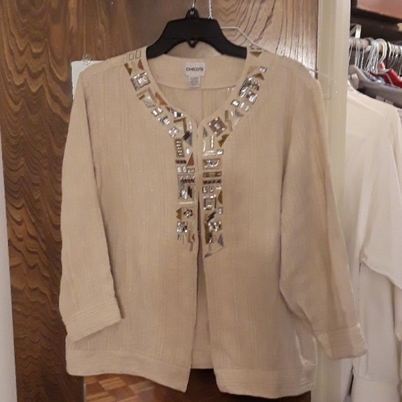 Chico's tan beige & glittery top with faux stones - Picture 1 of 7